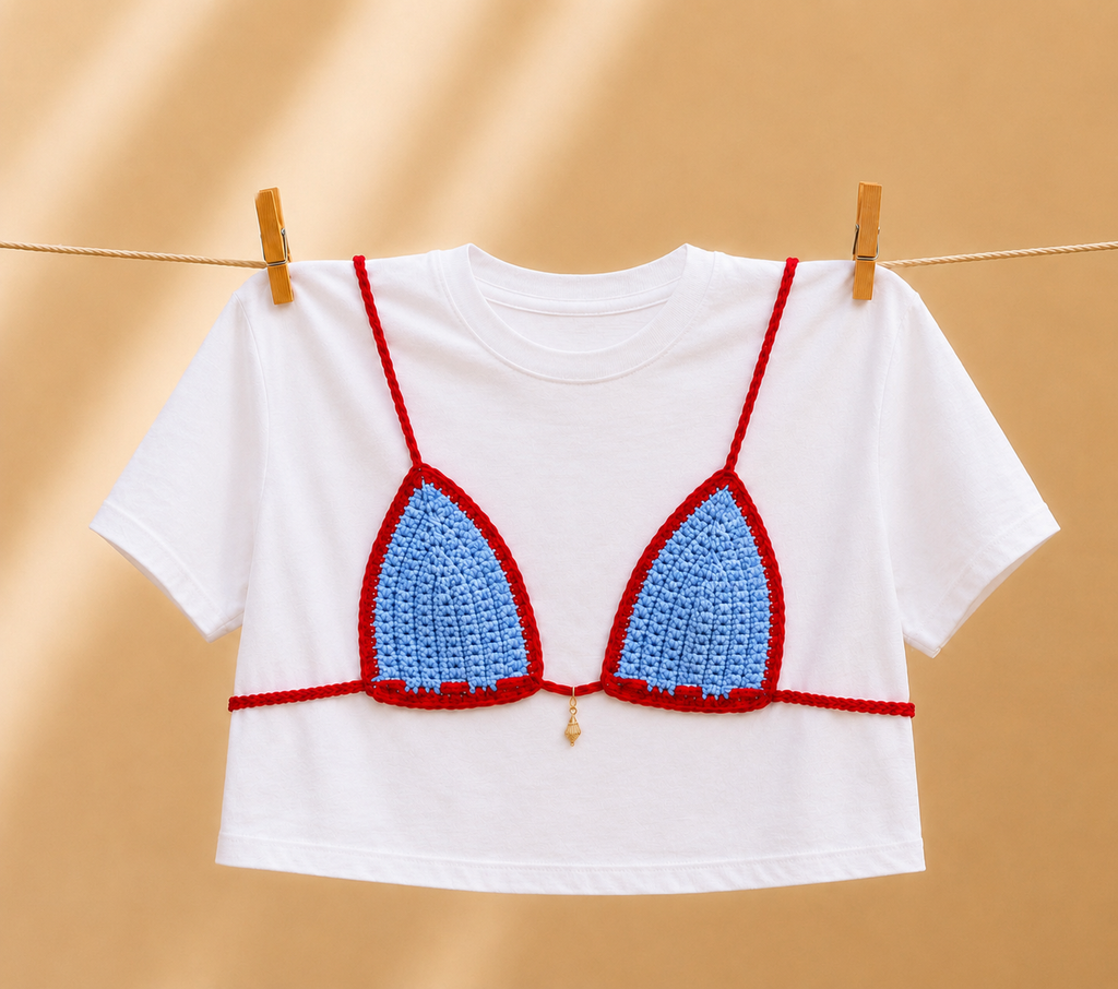 Crochet Bikini Shirt- Blue & Red