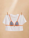 Crochet Bikini Shirt- Striped Blue & Orange