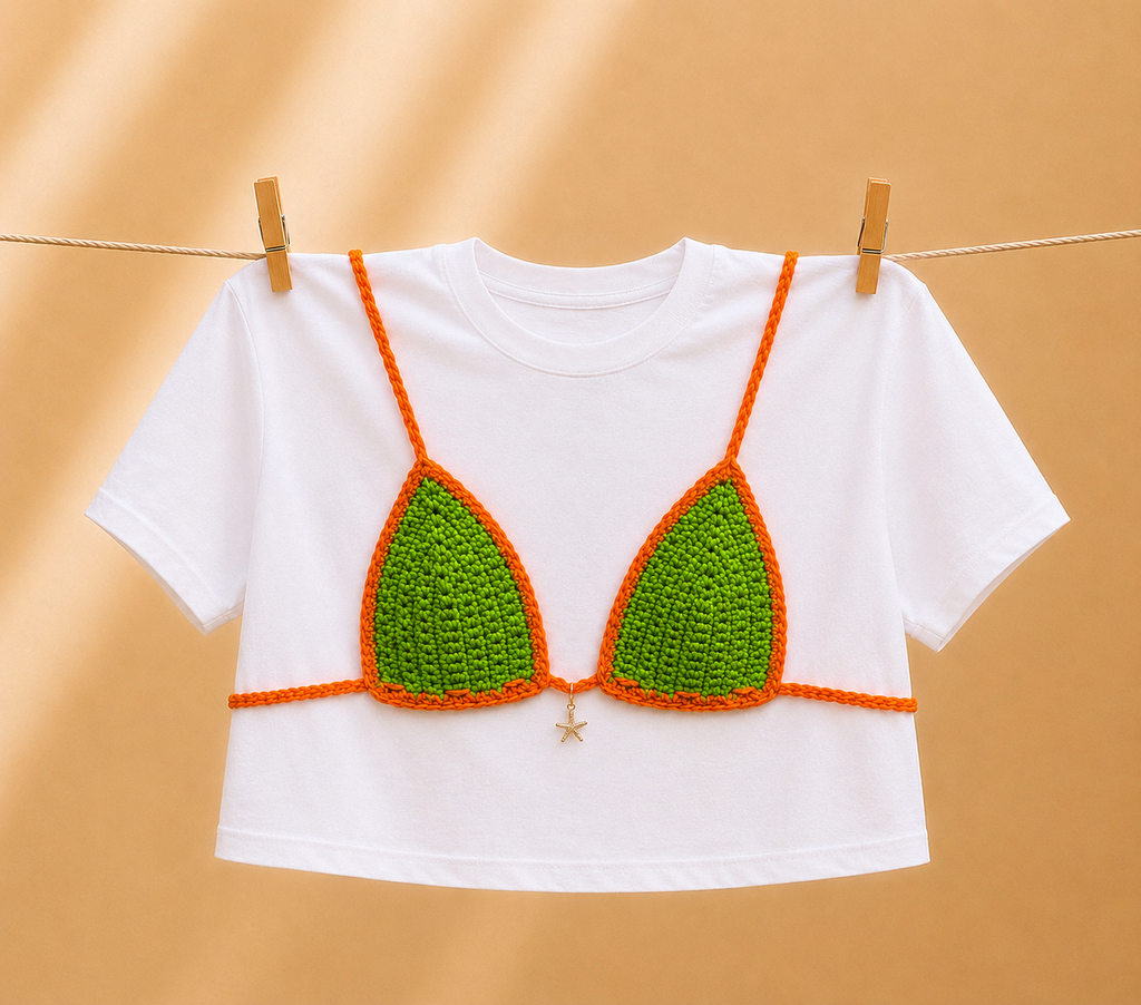 Crochet Bikini Shirt- Green & Orange