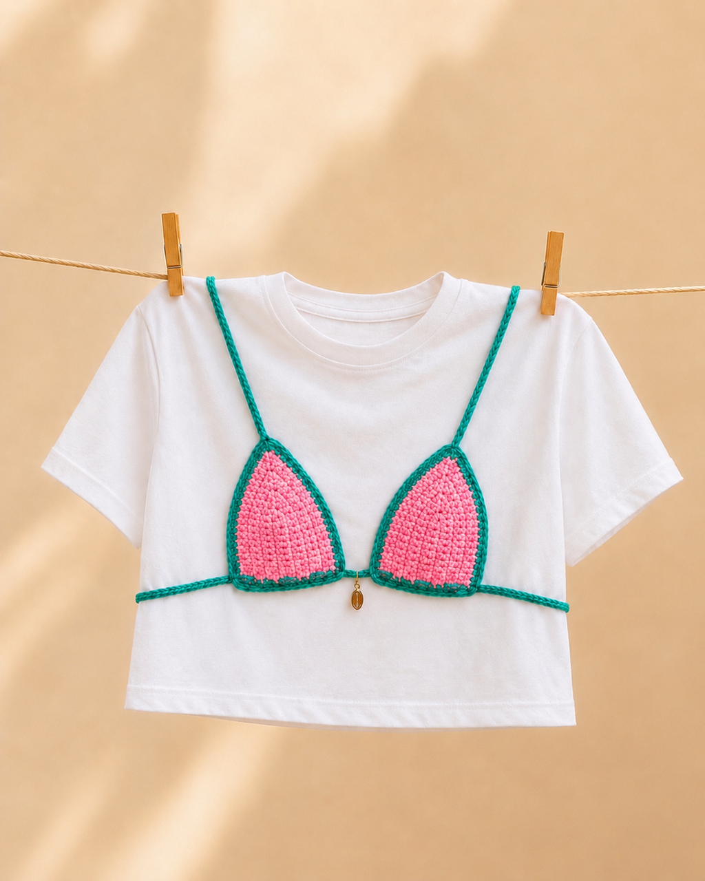 Crochet Bikini Shirt- Pink & Caribbean Green