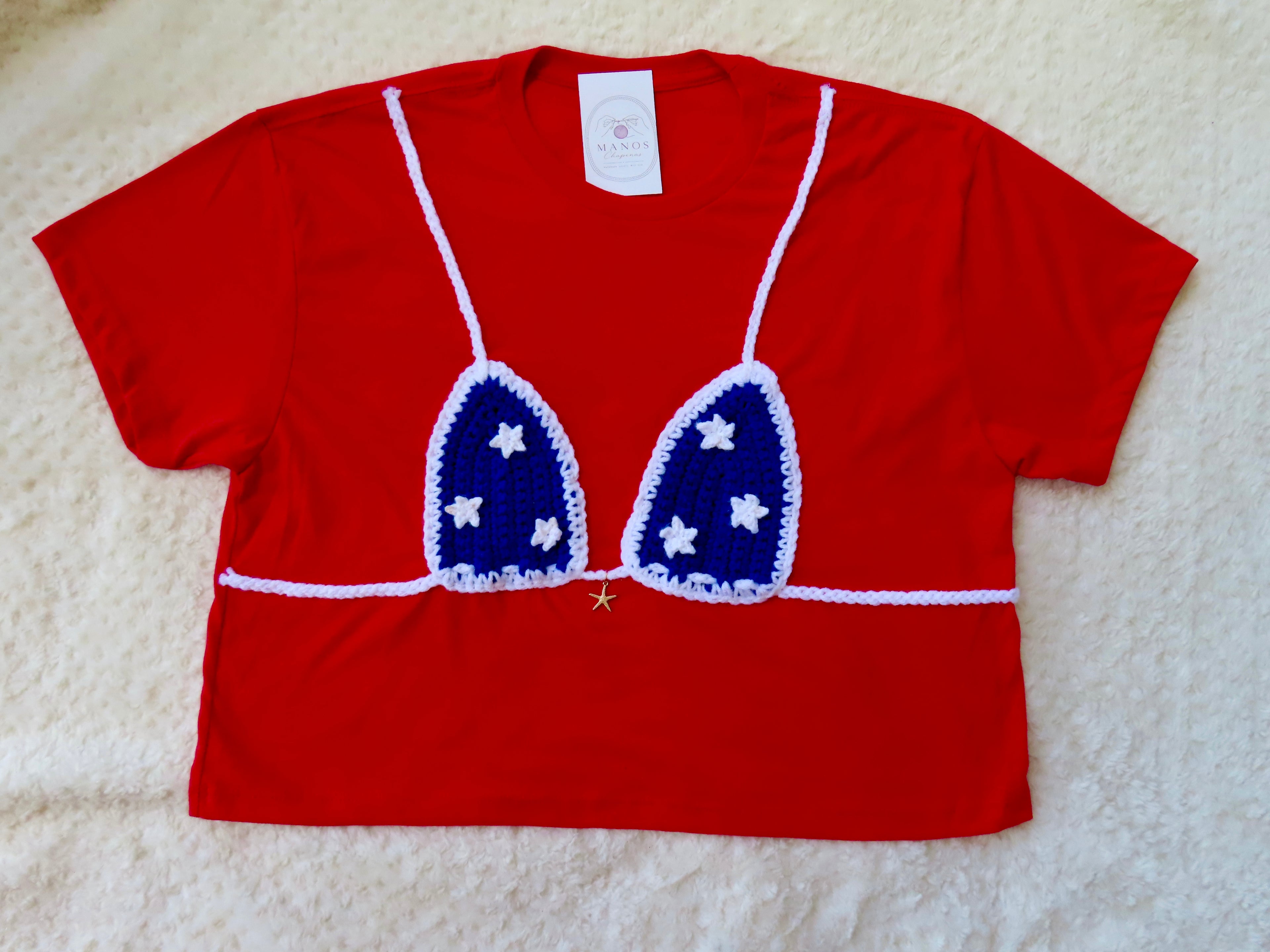 Crochet Bikini Shirt- Red, White, & Boom