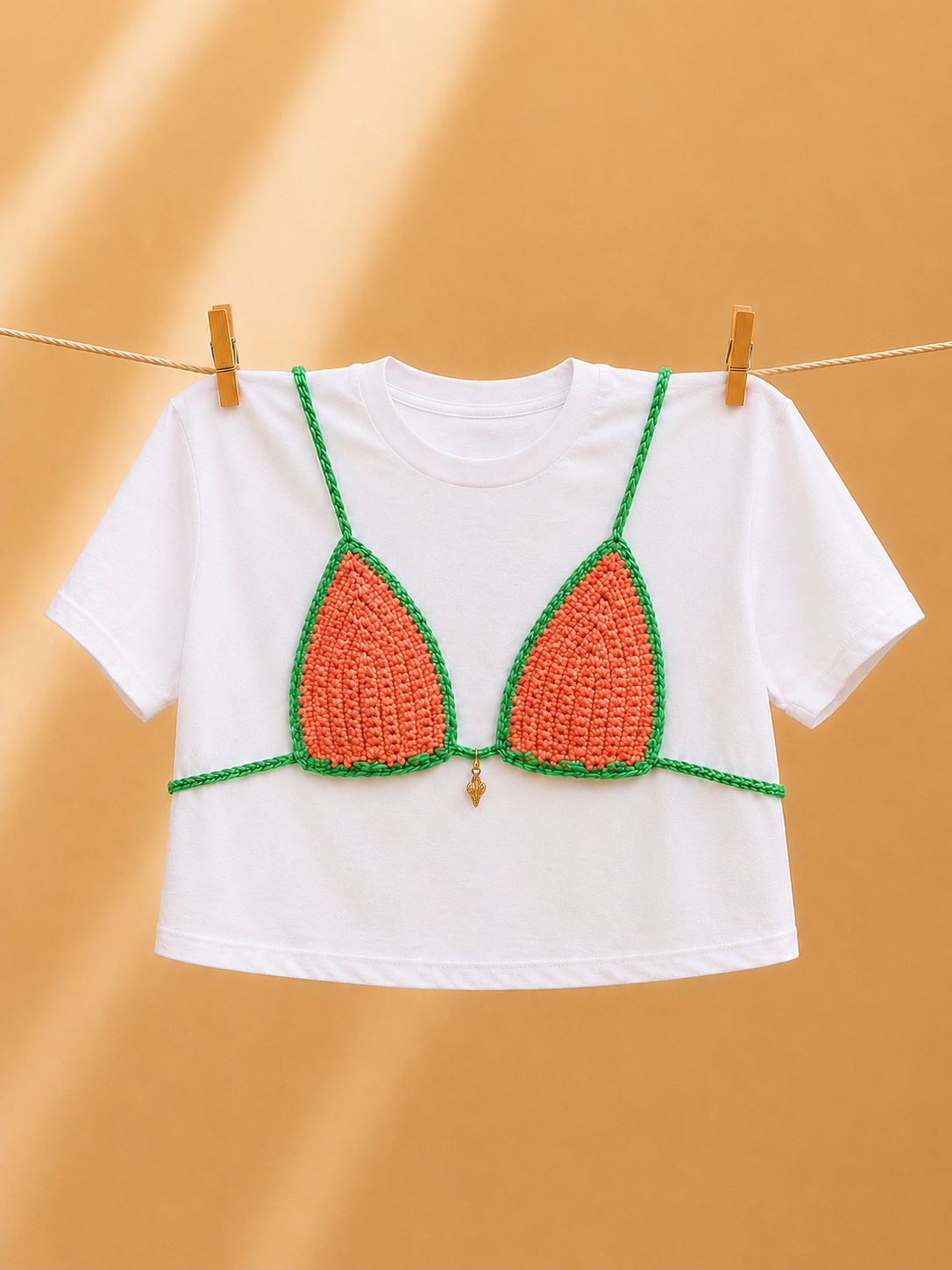 Crochet Bikini Shirt- Coral Sequin & Green